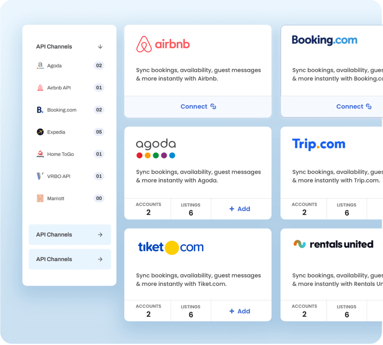 Interface displaying API channel integrations on AdvanceCM, featuring Airbnb, Booking.com, Agoda, Trip.com, Tiket.com, and Rentals United, with options to sync bookings, availability, and guest messages instantly.